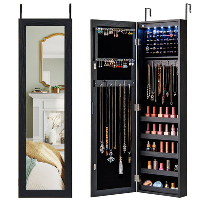 Wall or Door Mounted Jewelry Cabinet with Full-Length Mirror and LED Lights-Black