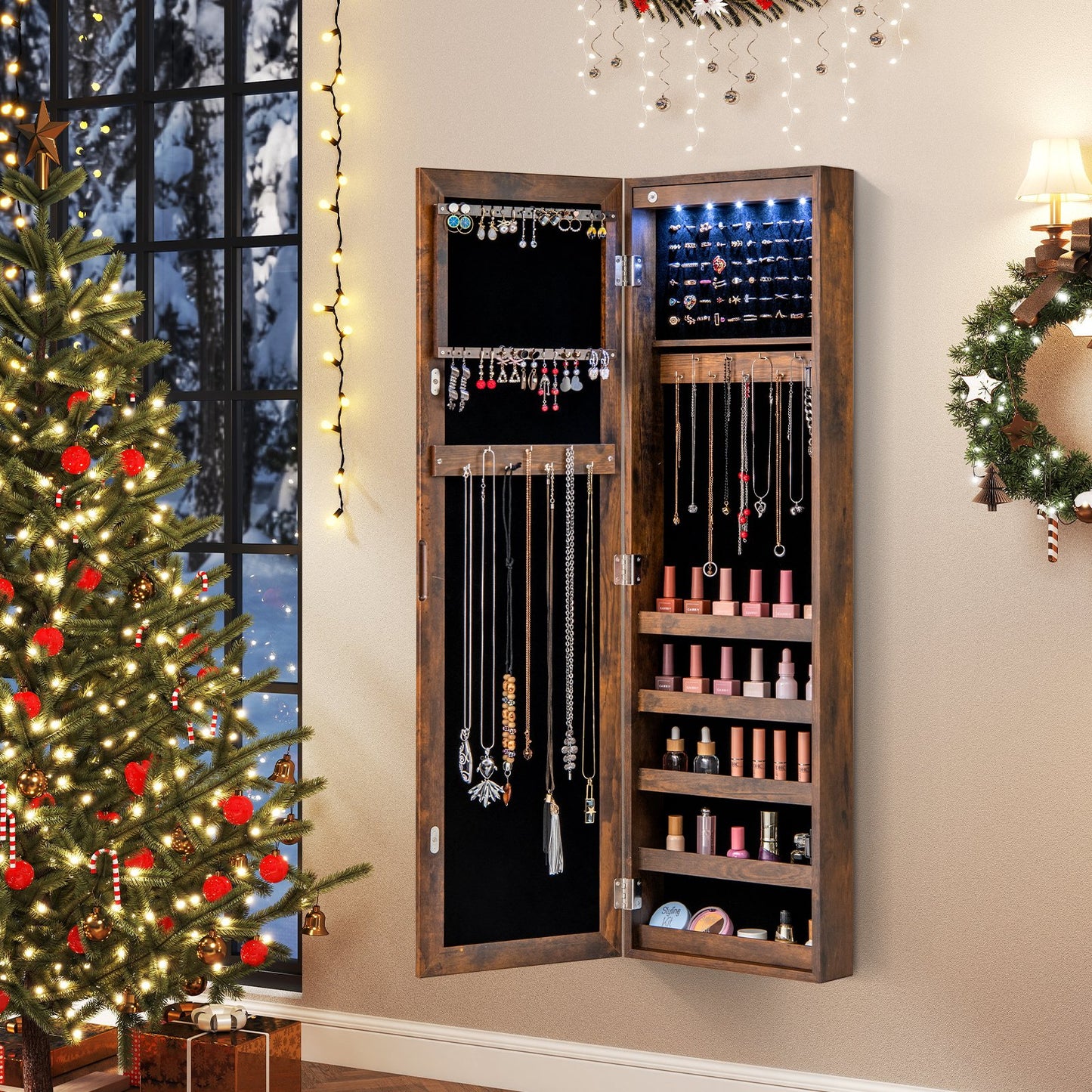 Wall or Door Mounted Jewelry Cabinet with Full-Length Mirror and LED Lights-Black