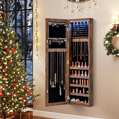 Wall or Door Mounted Jewelry Cabinet with Full-Length Mirror and LED Lights-Black