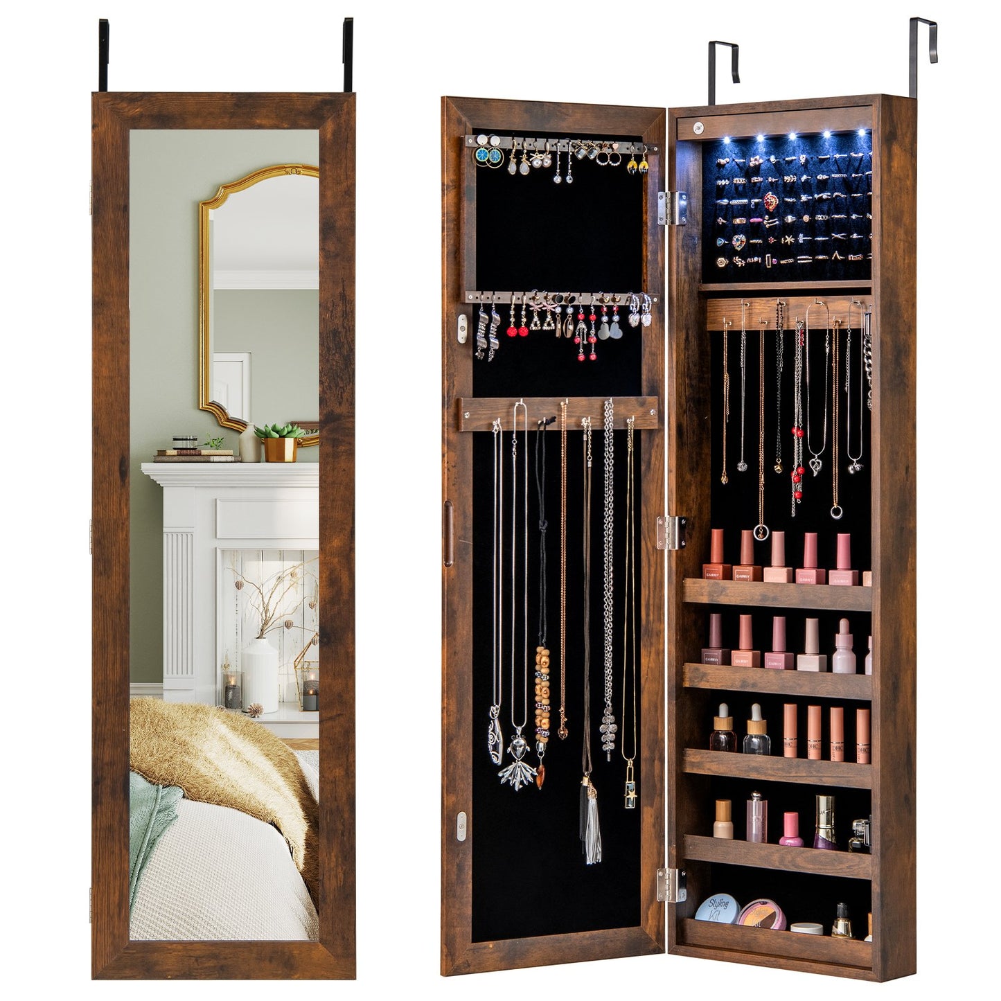 Wall or Door Mounted Jewelry Cabinet with Full-Length Mirror and LED Lights-Black