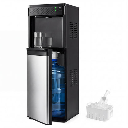 Black water dispenser with ice maker and bottom loading design, suitable for 5-gallon bottles, from Wilsons Home Store.