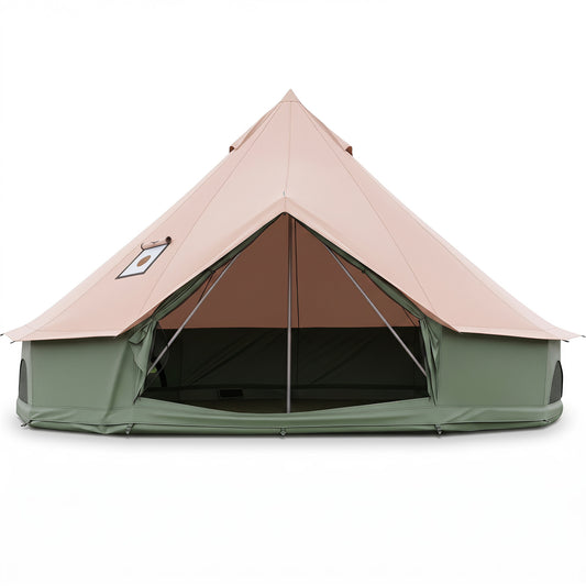 Green waterproof bell tent with mesh windows, doors, and stove jack for camping, designed by Direct by Wilsons Home Store.