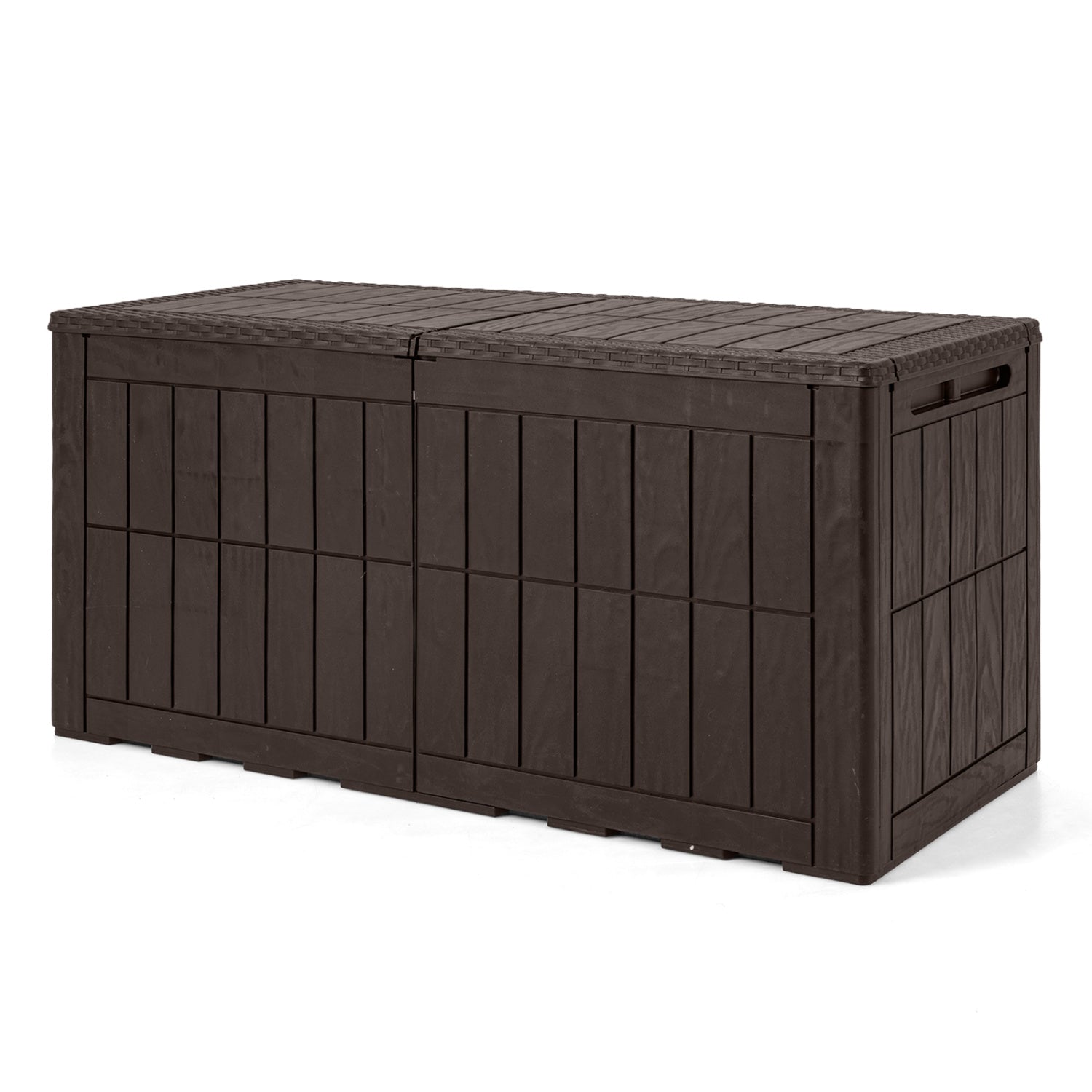 Black waterproof lockable outdoor deck box for tools and cushions, ideal for outdoor storage and patio organization.
