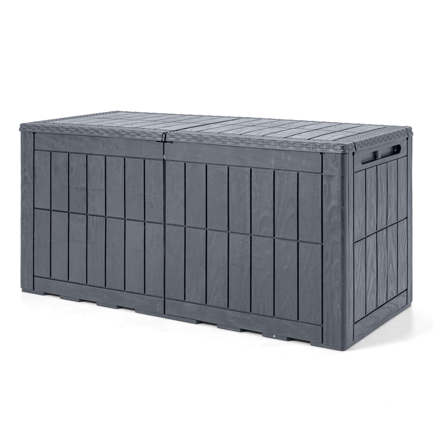 Black waterproof lockable outdoor deck box for storing tools, cushions, and pool accessories, ideal for outdoor storage and garage use.