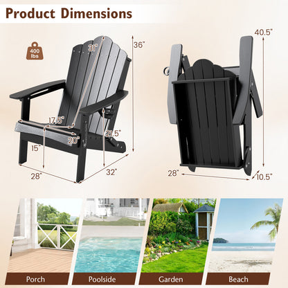 Weather Resistant HDPE Folding Adirondack Chair with High Backrest for Backyard-Black
