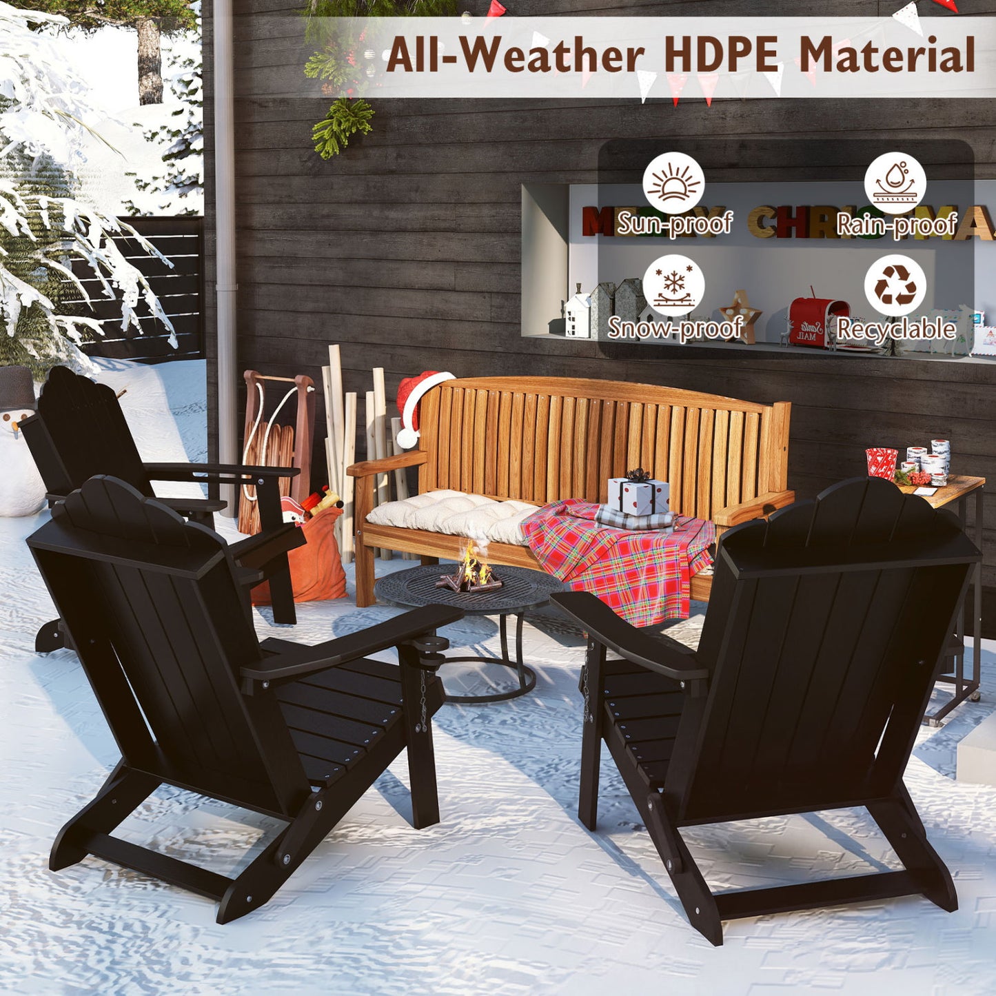Weather Resistant HDPE Folding Adirondack Chair with High Backrest for Backyard-Black