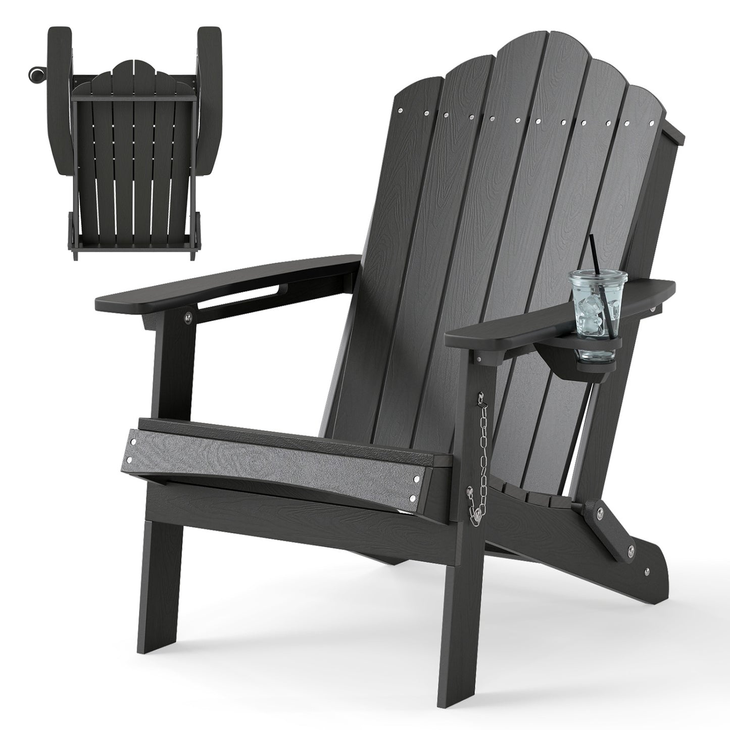 Weather Resistant HDPE Folding Adirondack Chair with High Backrest for Backyard-Black