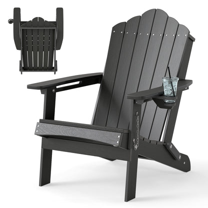 Weather Resistant HDPE Folding Adirondack Chair with High Backrest for Backyard-Black