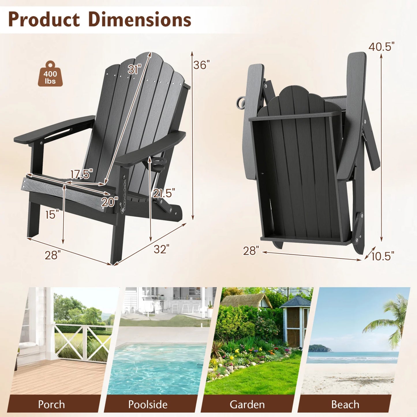Weather Resistant HDPE Folding Adirondack Chair with High Backrest for Backyard-Black