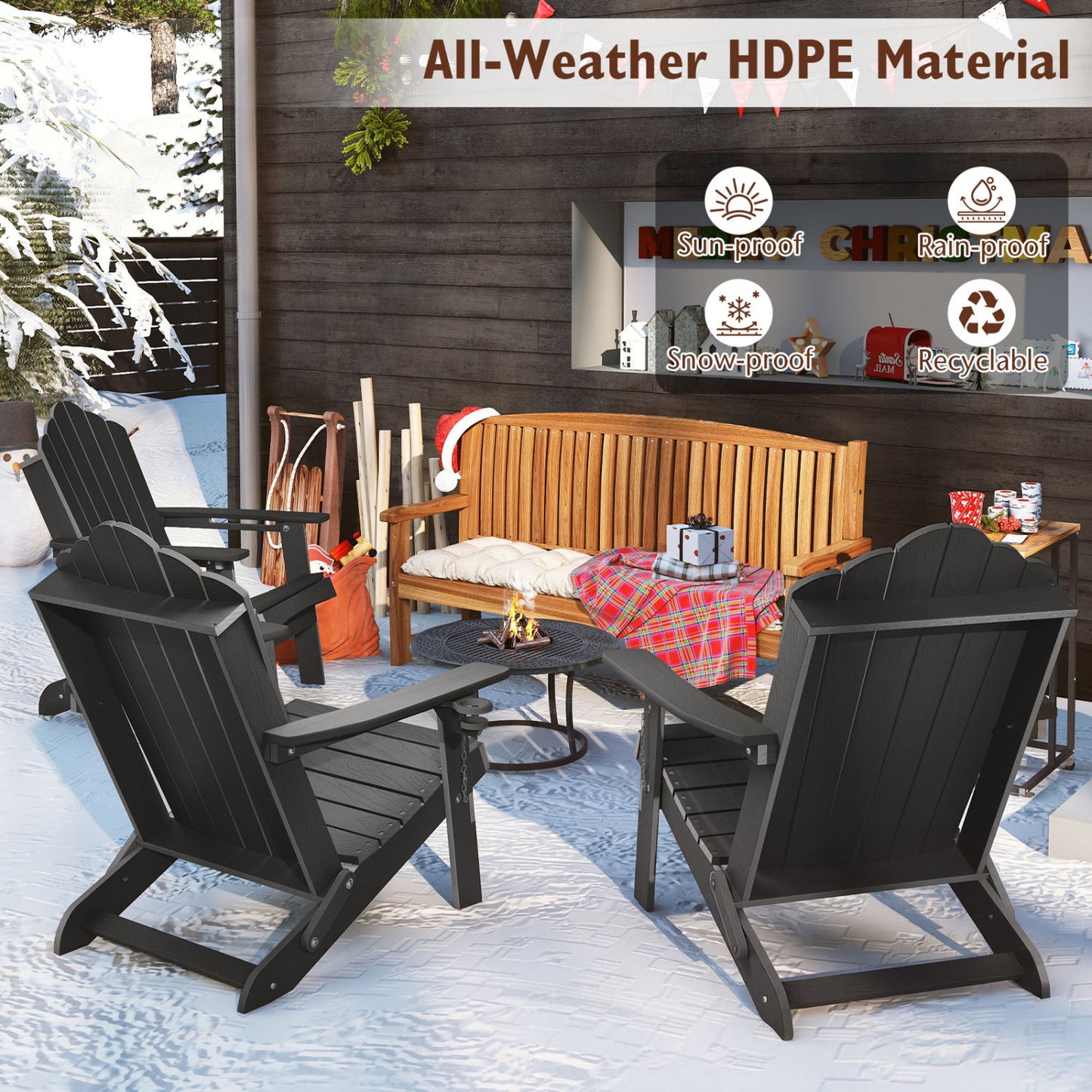 Weather Resistant HDPE Folding Adirondack Chair with High Backrest for Backyard-Black