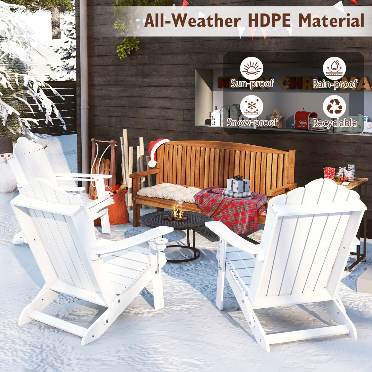Weather Resistant HDPE Folding Adirondack Chair with High Backrest for Backyard-Black