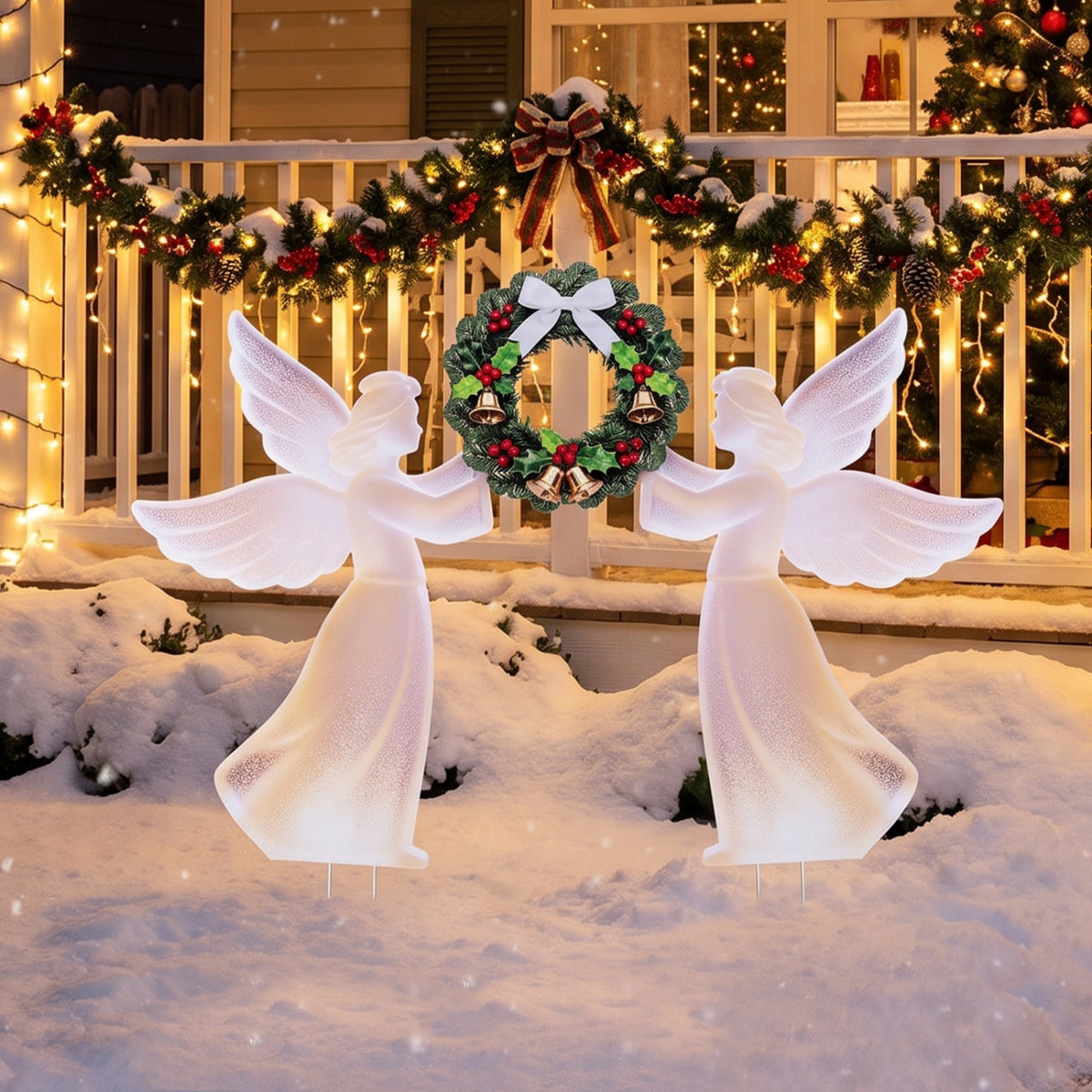 Weather-Resistant PVC Christmas Angel Decoration and Wreath Decorative Set-Pink