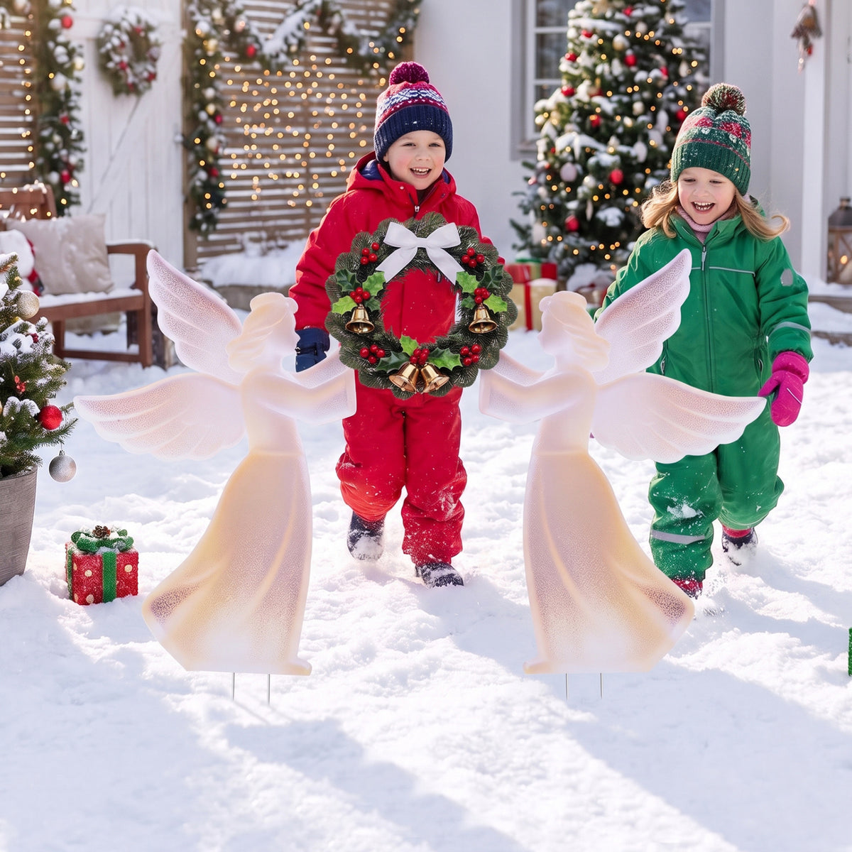 Weather-Resistant PVC Christmas Angel Decoration and Wreath Decorative Set-Pink
