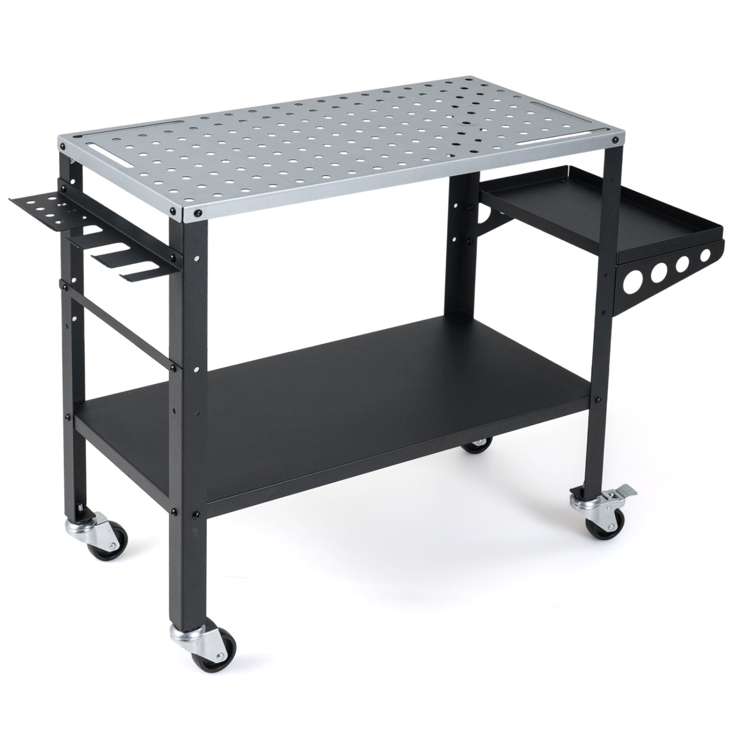 Welding table 36x18 inches with lockable wheels, 144 fixture holes, and tool slots, suitable for outdoor garage workspace.