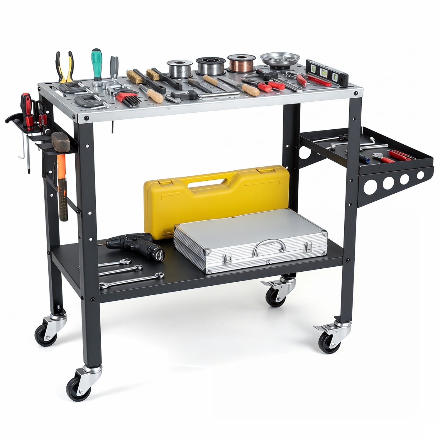 Welding table 36x18 inches from Wilsons Home Store with lockable wheels, fixture holes, and tool slots for outdoor garage use