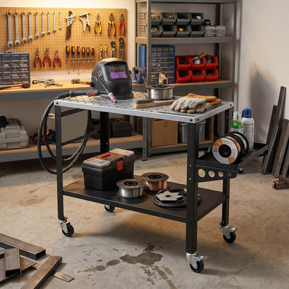 Welding table 36x18 inches with lockable wheels, 144 fixture holes, and tool slots for outdoor storage and garage projects.