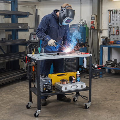 Welding table 36x18 inches with lockable wheels, 144 fixture holes, and tool slots, ideal for outdoor storage and garage use.