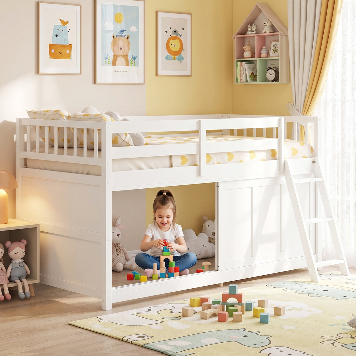 White Loft Bed with Aluminum Sliding Door and Storage for Bedroom-Twin size