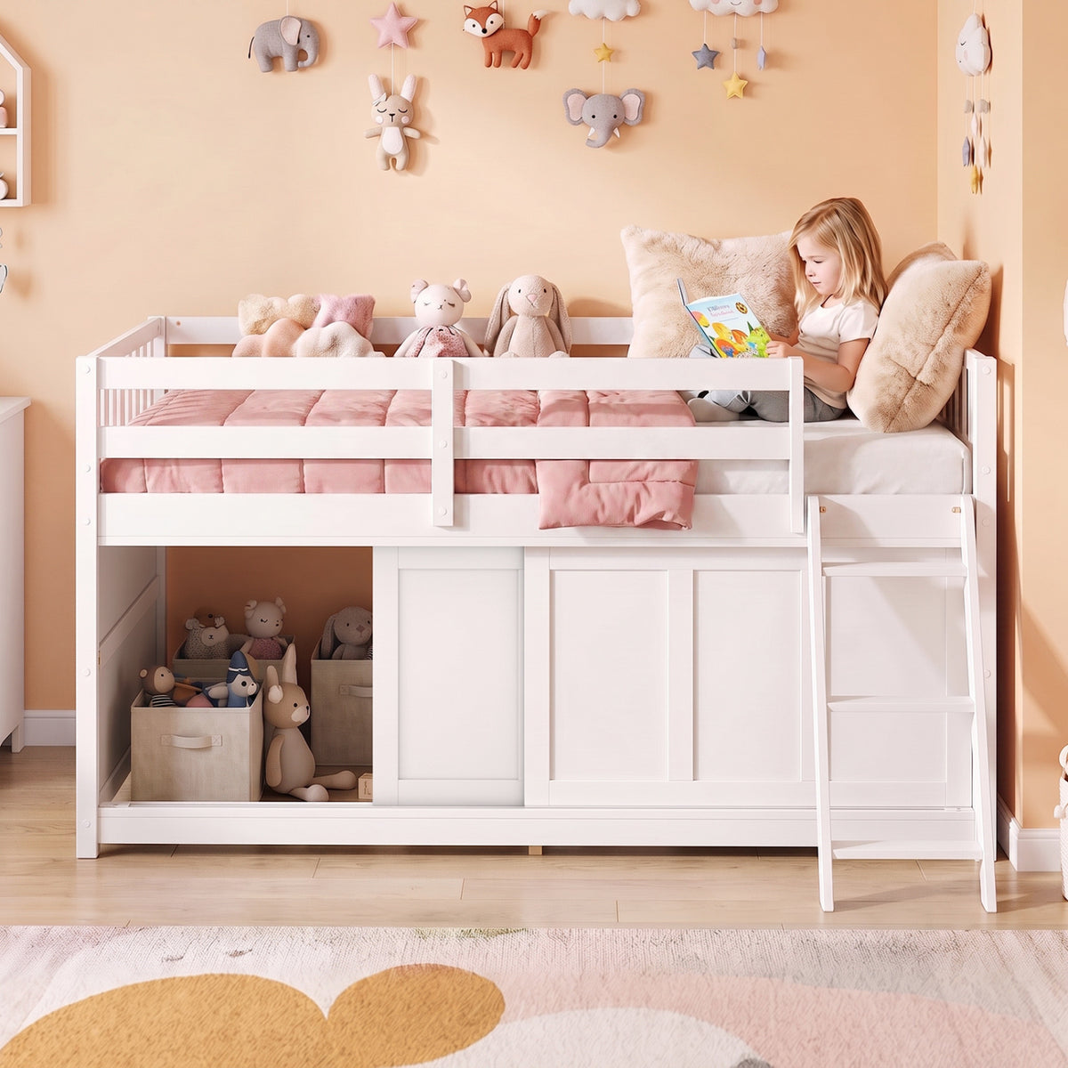 White Loft Bed with Aluminum Sliding Door and Storage for Bedroom-Twin size