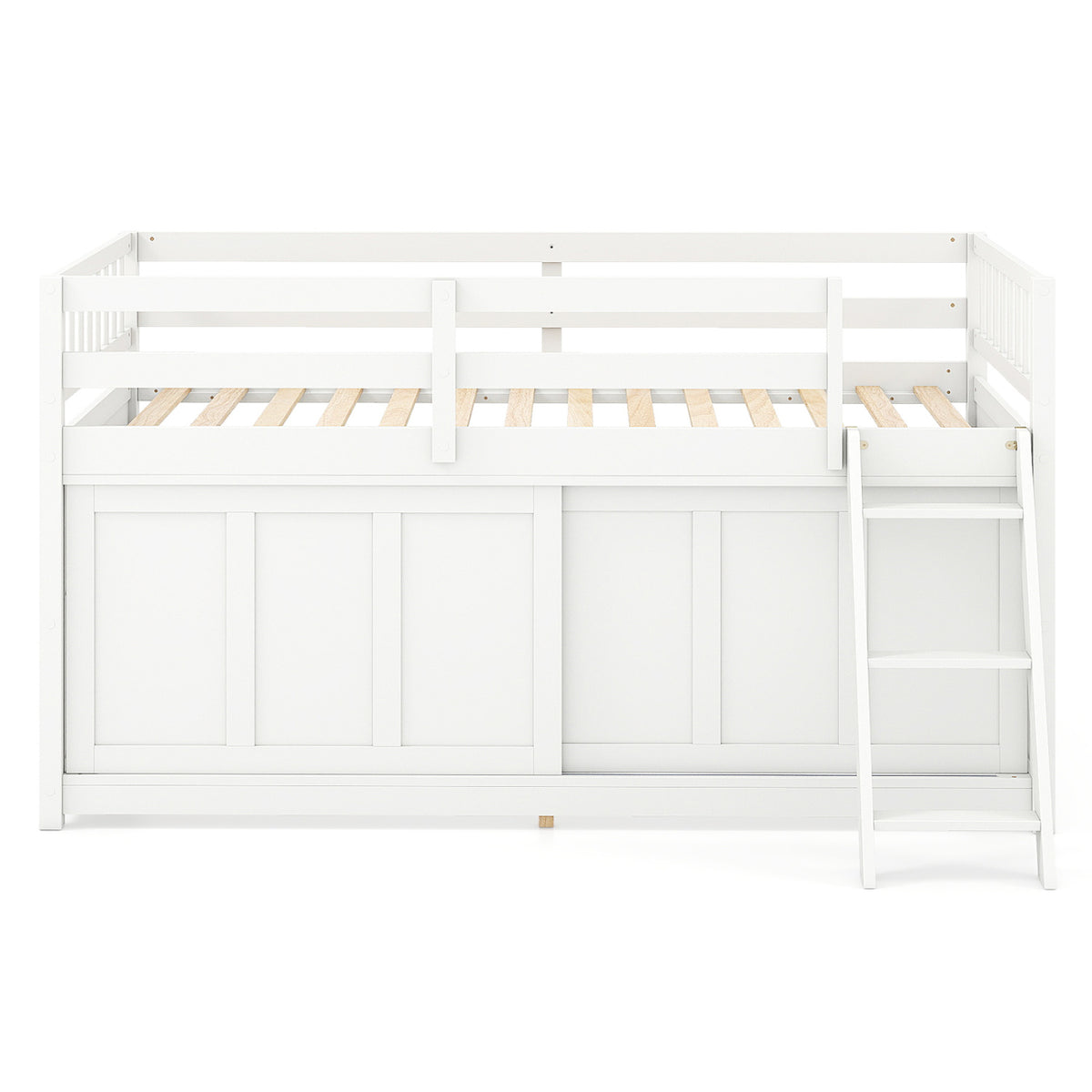White Loft Bed with Aluminum Sliding Door and Storage for Bedroom-Twin size