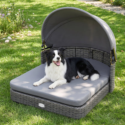 Wicker Dog House with Adjustable Canopy & 2 Detachable Cushions for Small Medium Dogs-Gray