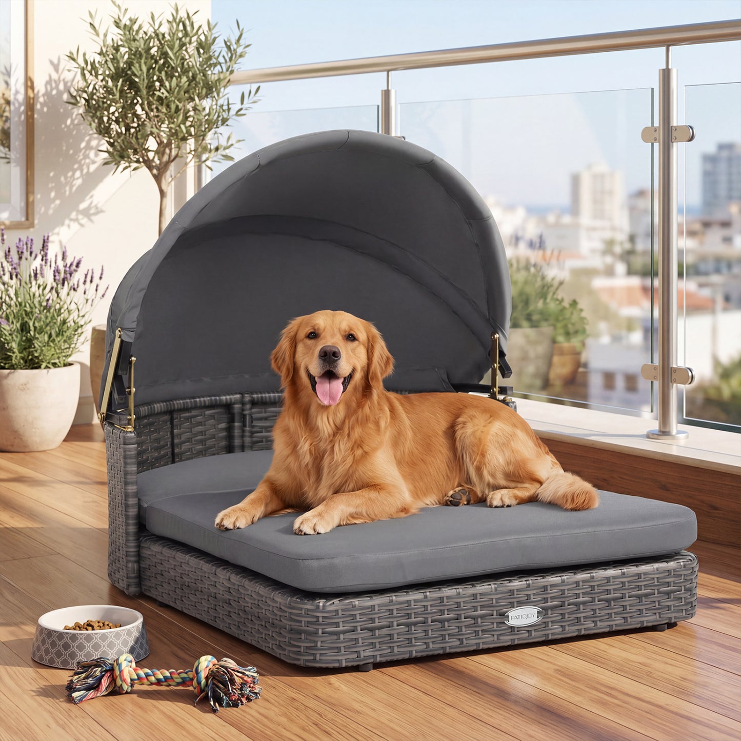 Wicker Dog House with Adjustable Canopy & 2 Detachable Cushions for Small Medium Dogs-Gray
