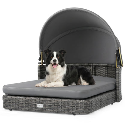 Wicker Dog House with Adjustable Canopy & 2 Detachable Cushions for Small Medium Dogs-Gray