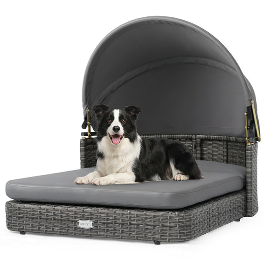 Gray wicker dog house with adjustable canopy and two detachable cushions for small and medium dogs.