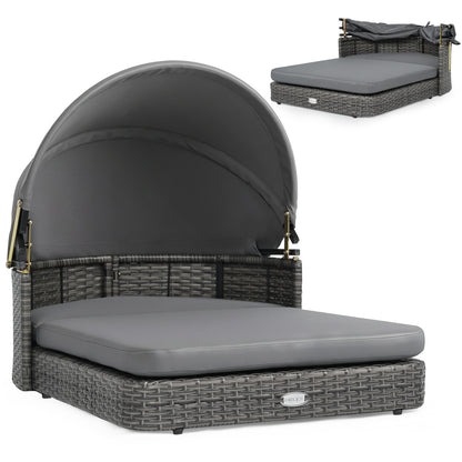 Wicker Dog House with Adjustable Canopy & 2 Detachable Cushions for Small Medium Dogs-Gray