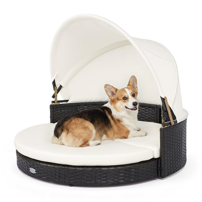 Wicker Dog House with Retractable Canopy & Removable Cushion for Small Medium Dogs-White
