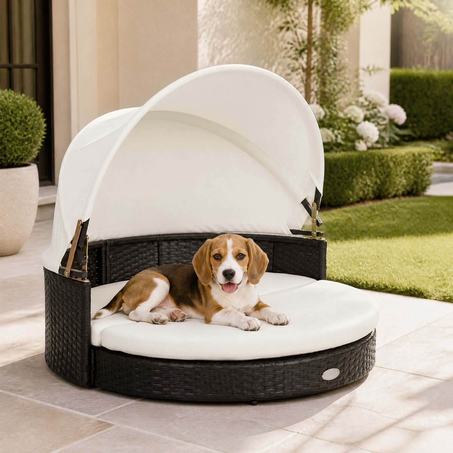 Wicker Dog House with Retractable Canopy & Removable Cushion for Small Medium Dogs-White