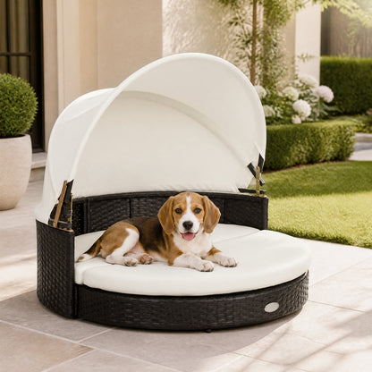 Wicker Dog House with Retractable Canopy & Removable Cushion for Small Medium Dogs-White