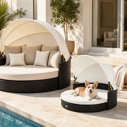 Wicker Dog House with Retractable Canopy & Removable Cushion for Small Medium Dogs-White