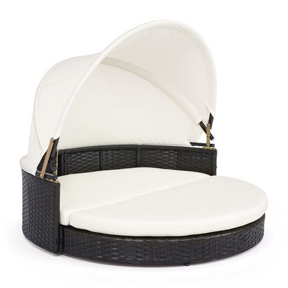 Wicker Dog House with Retractable Canopy & Removable Cushion for Small Medium Dogs-White