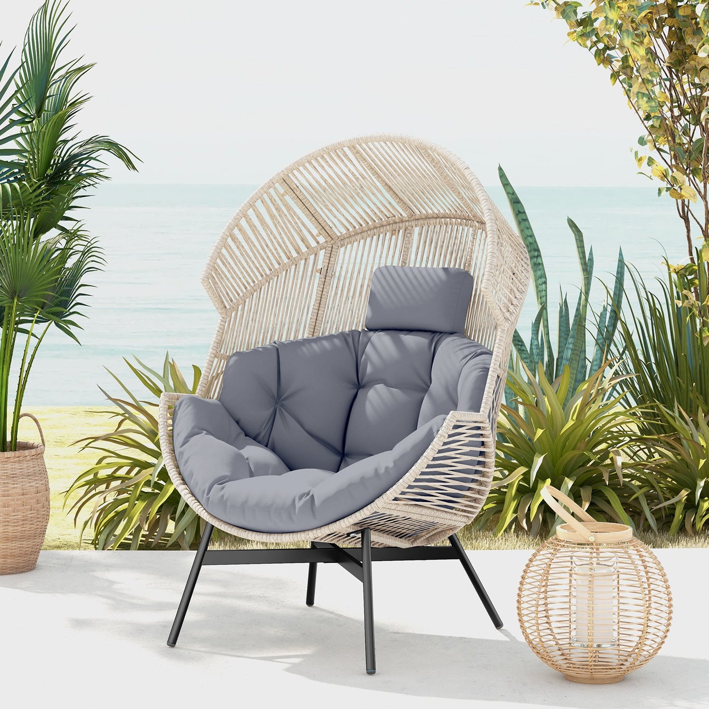 Wicker Oversized Egg Style Chair with Cushions and Headrest-Black