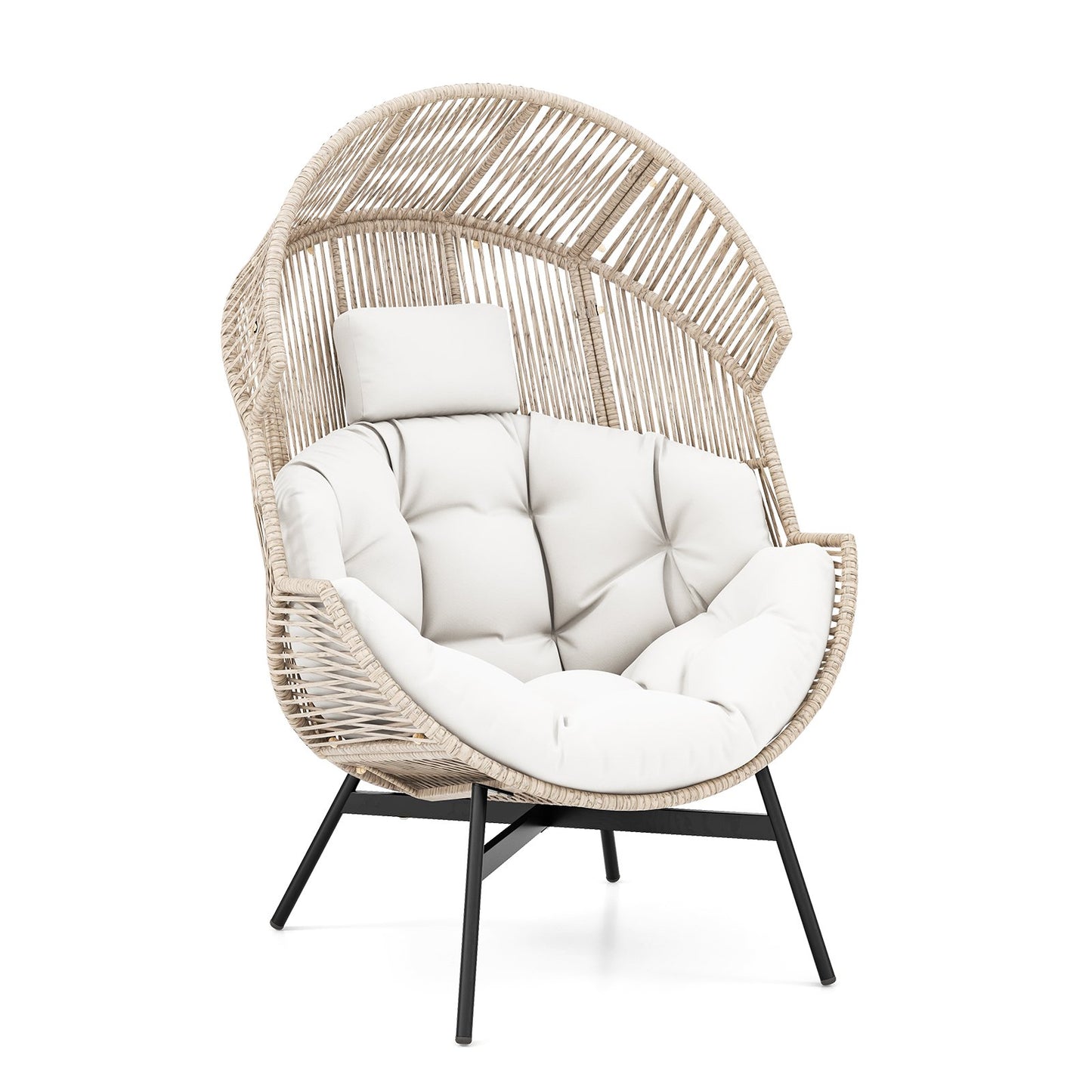Wicker Oversized Egg Style Chair with Cushions and Headrest-Black