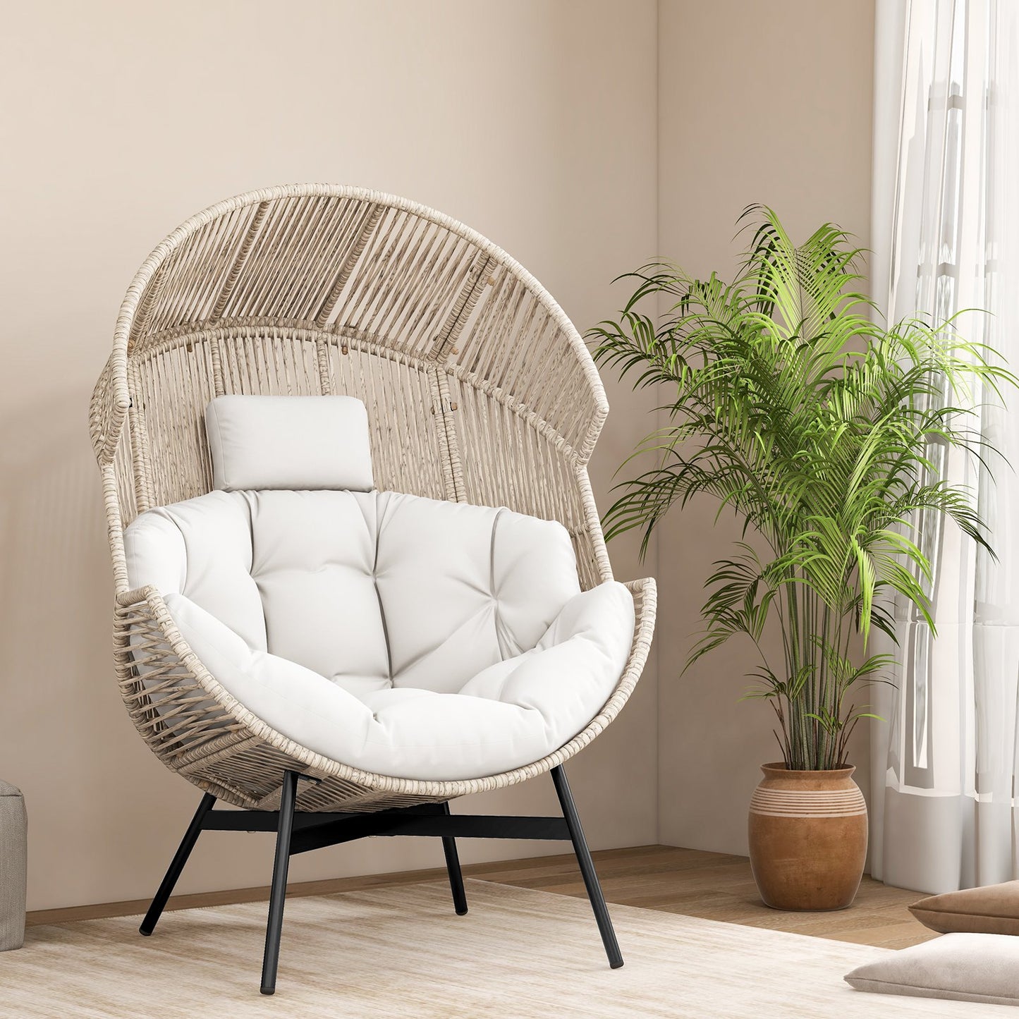Wicker Oversized Egg Style Chair with Cushions and Headrest-Black