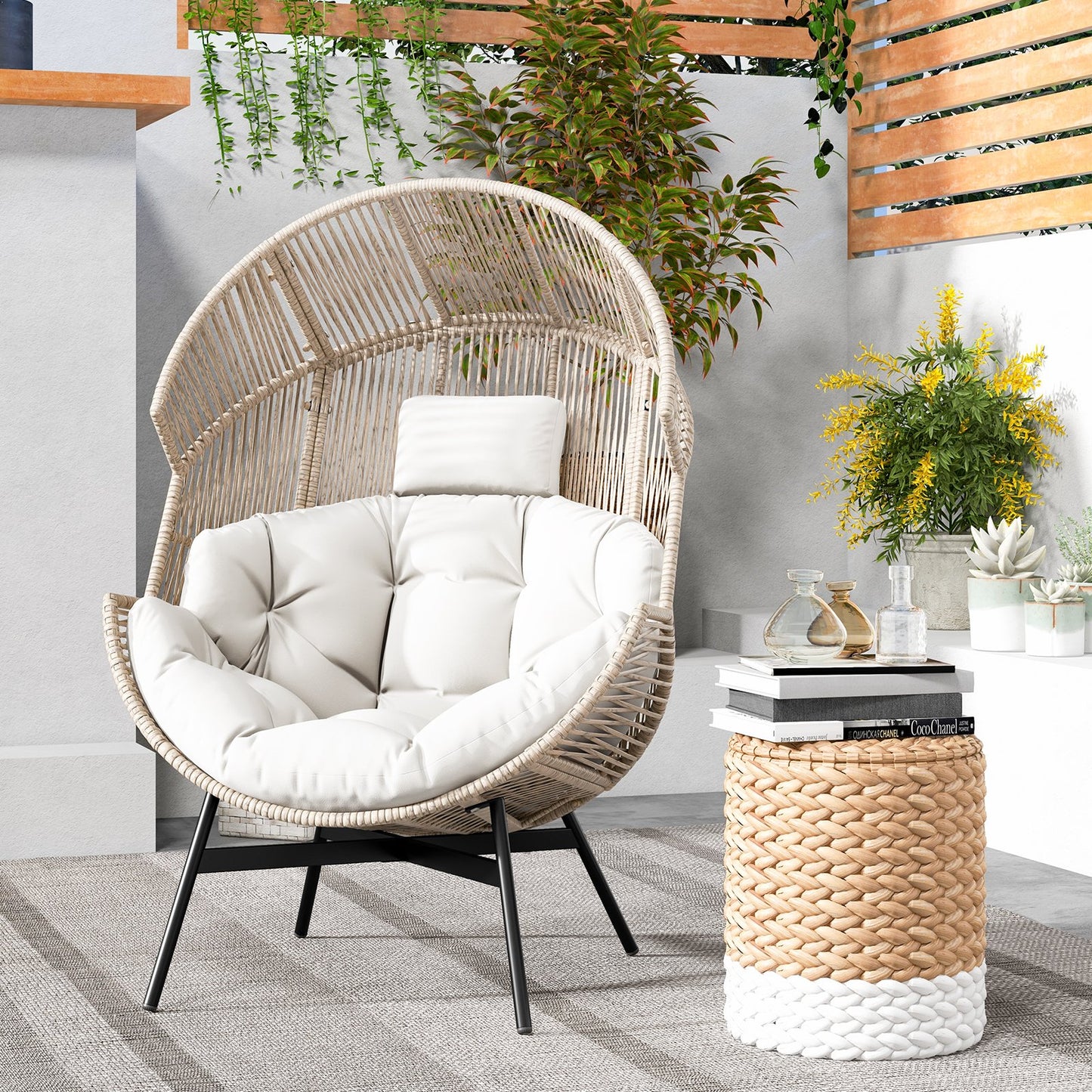Wicker Oversized Egg Style Chair with Cushions and Headrest-Black