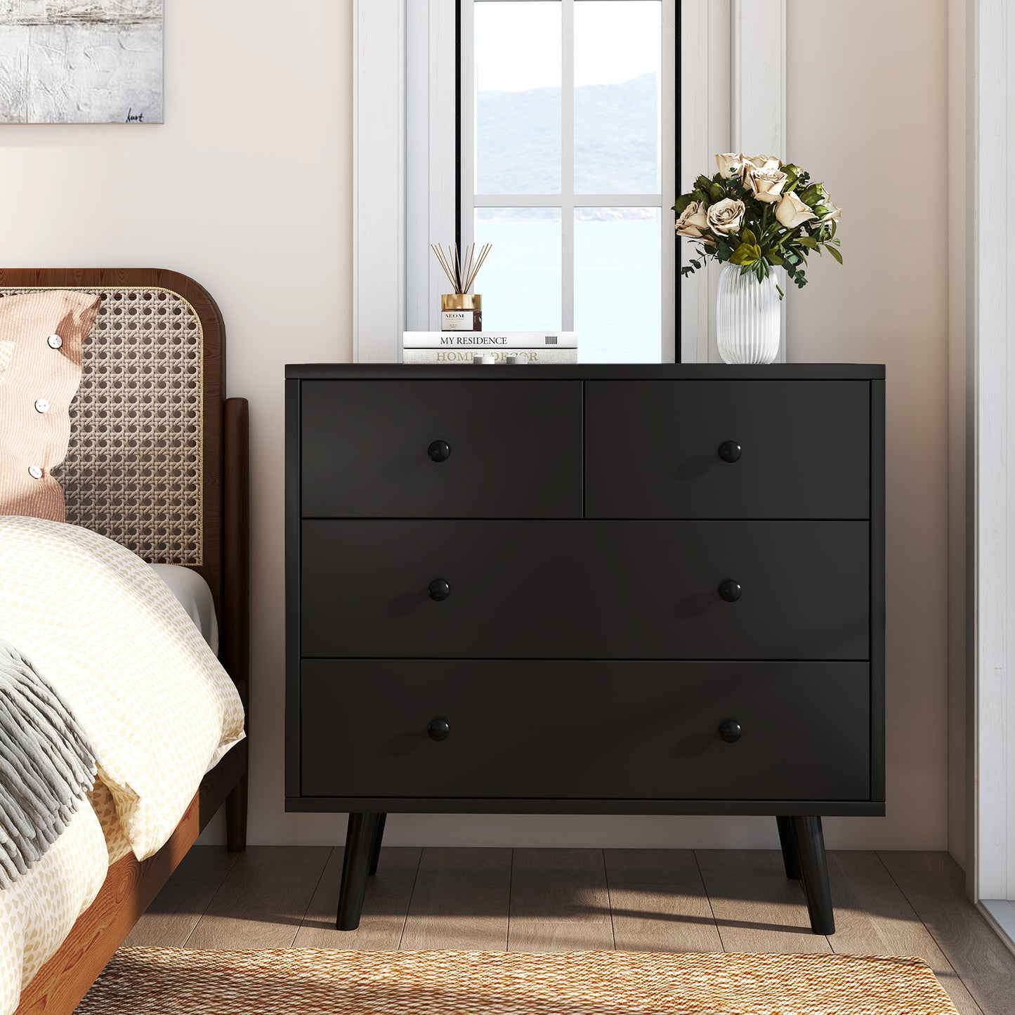 Wide Wooden Dresser with 4 Drawers for Bedroom Living Room-Black
