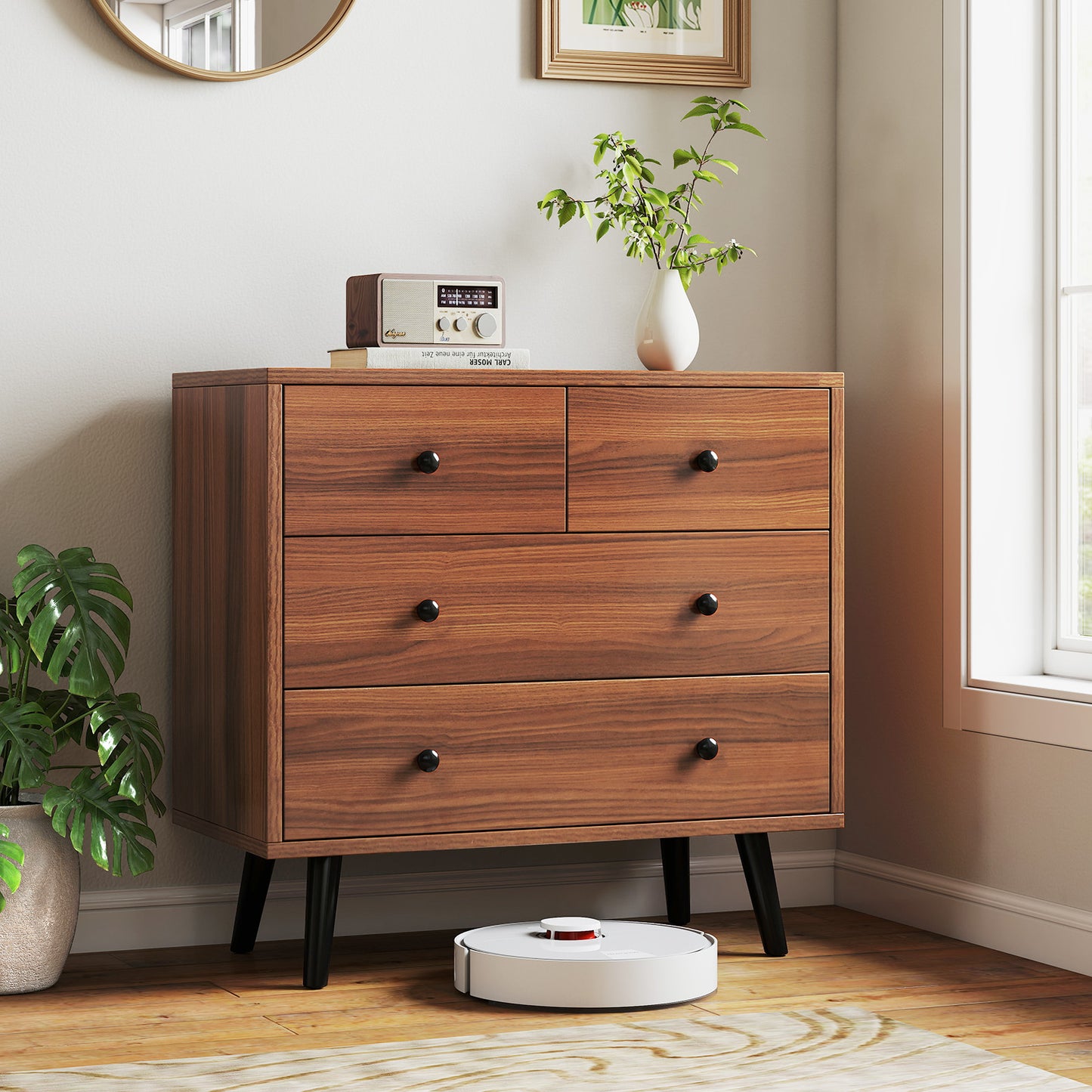 Wide Wooden Dresser with 4 Drawers for Bedroom Living Room-Black