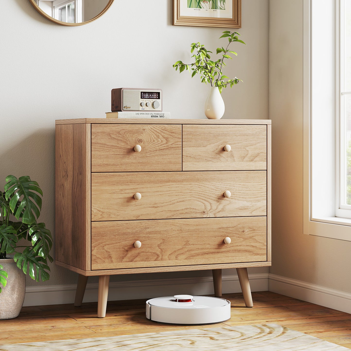 Wide Wooden Dresser with 4 Drawers for Bedroom Living Room-Black