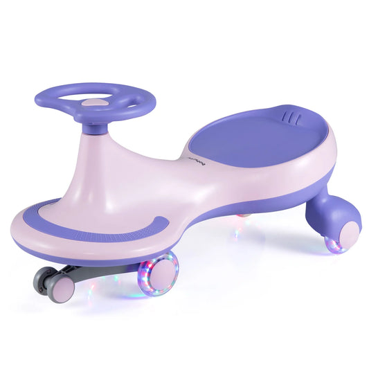 Purple wiggle car ride-on toy with flashing wheels, designed for children to push and pedal, perfect for active play.