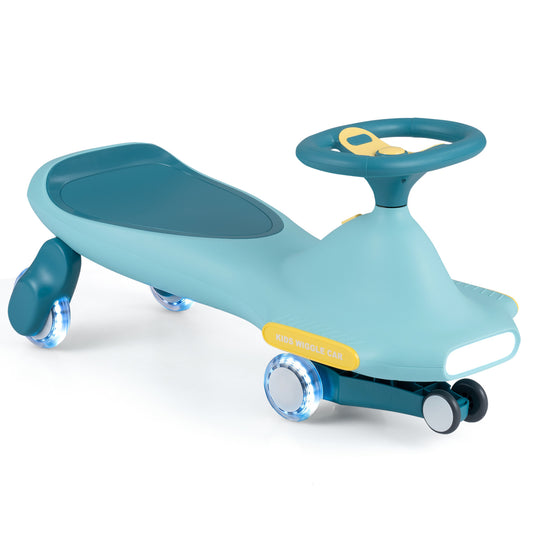 Blue wiggle car for kids with LED flashing wheels, indoor and outdoor ride-on toy for children, by Wilsons Home Store.