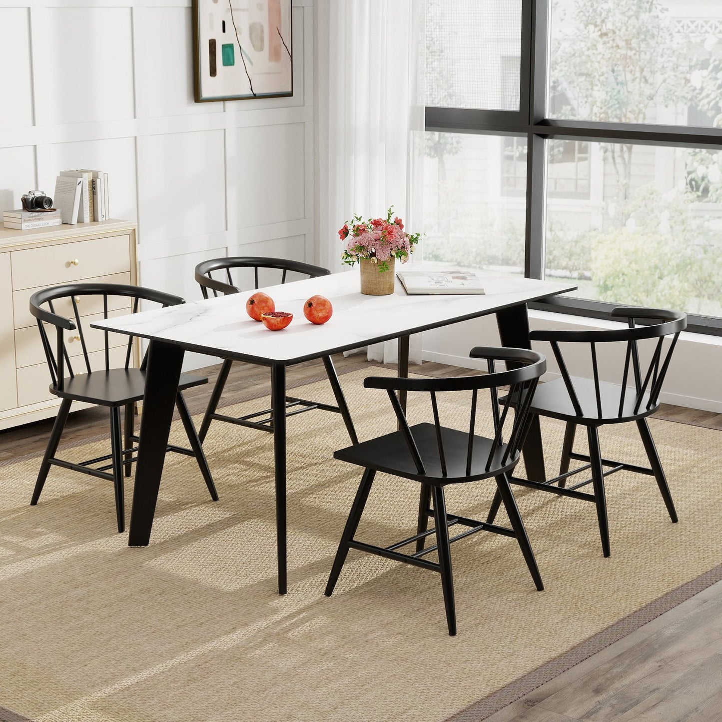 Windsor Dining Chair Set of 4 Mid-Century Modern Black Kitchen Chairs-Black