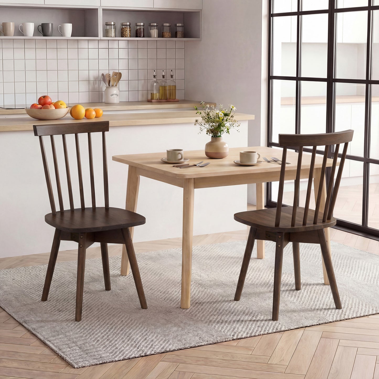 Windsor Dining Chairs Set of 2 Mid Century Rubber Wood Kitchen Chairs with Swivel Seat-Natural