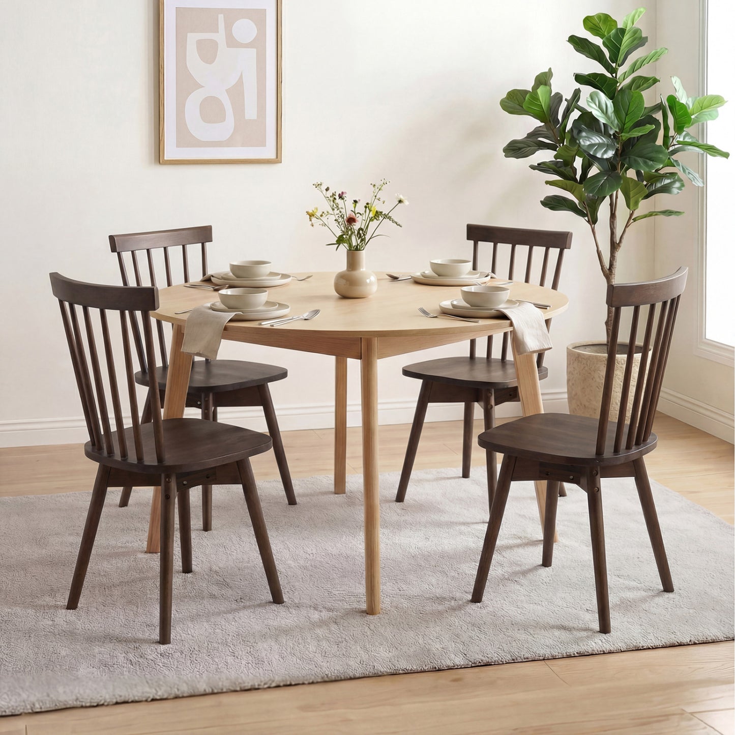 Windsor Dining Chairs Set of 4 Mid Century Rubber Wood Kitchen Chairs with Swivel Seat-Natural