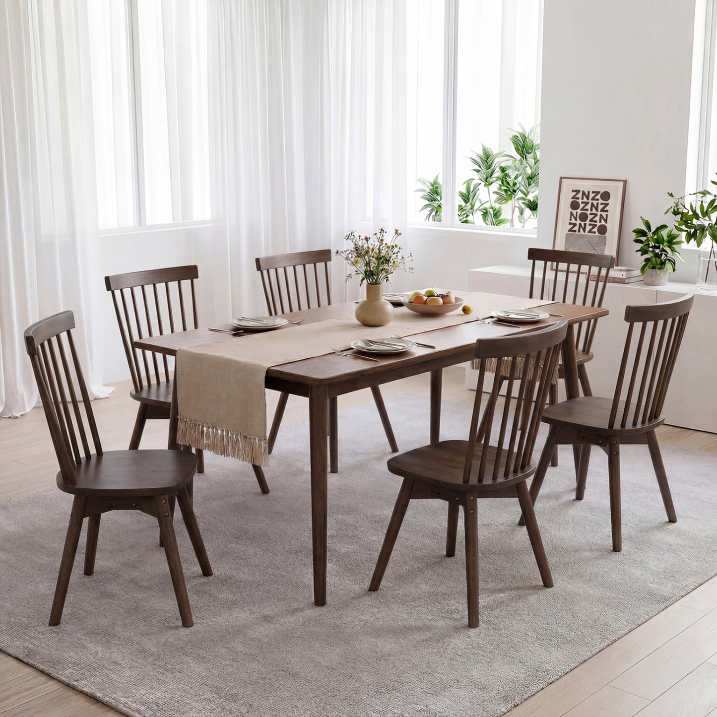 Windsor Dining Chairs Set of 4 Mid Century Rubber Wood Kitchen Chairs with Swivel Seat-Natural