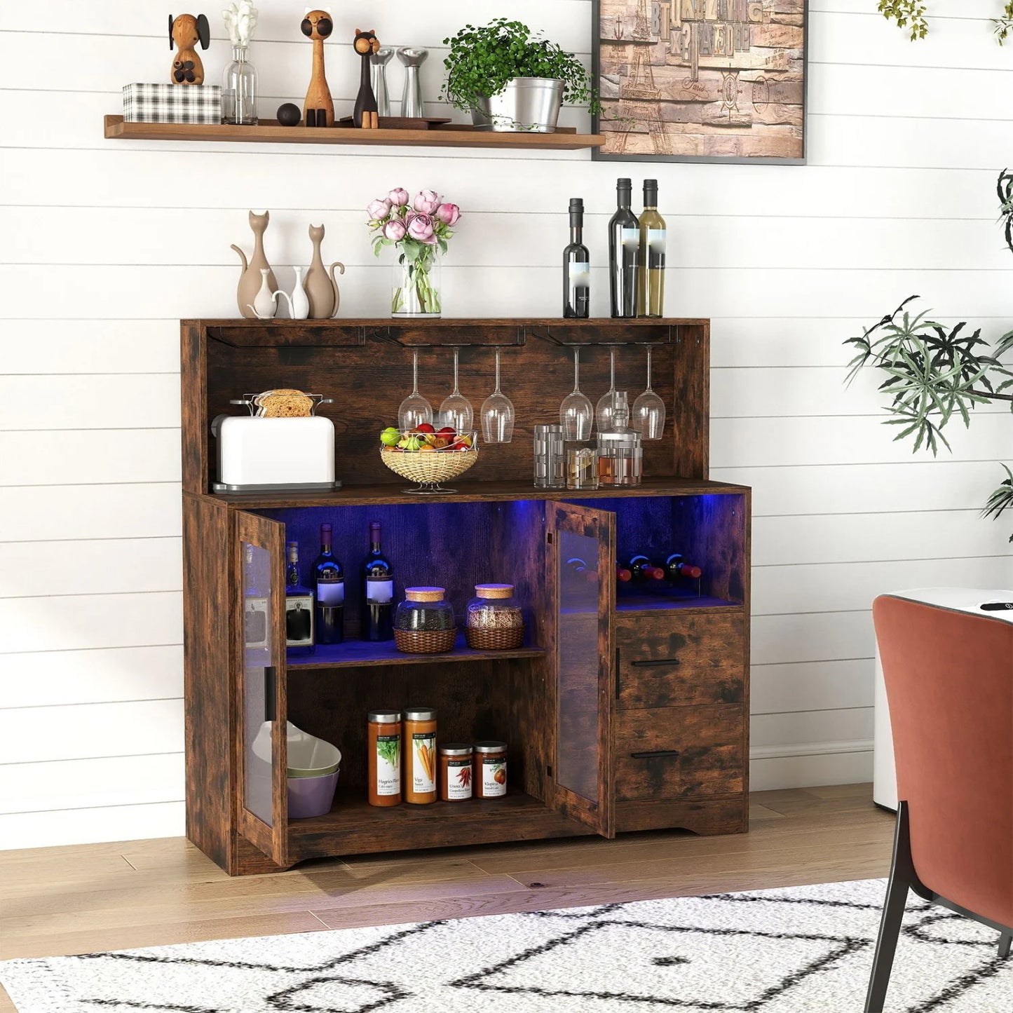 Wine Bar Cabinet with LED Lights and Charging Station-Rustic Brown
