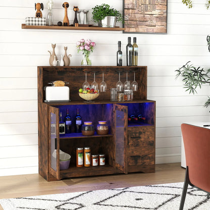 Wine Bar Cabinet with LED Lights and Charging Station-Rustic Brown