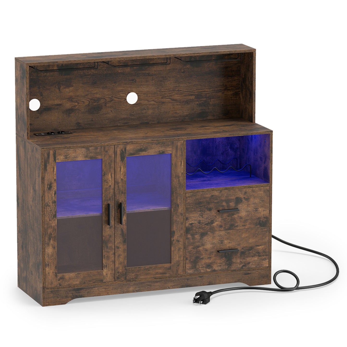 Wine Bar Cabinet with LED Lights and Charging Station-Rustic Brown